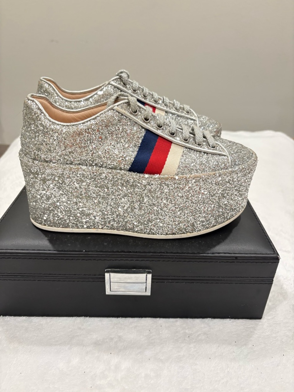 Gucci Silver Glitter Platform Sneakers with Red & Blue Stripe